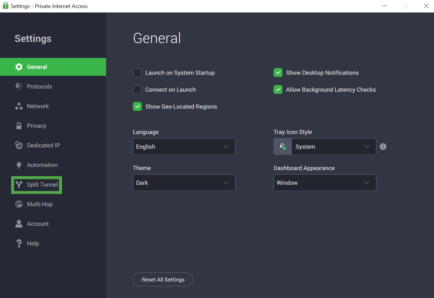 Private Internet Access Windows app interface, showing the main settings page. The "Split Tunnel" tab is highlighted.
