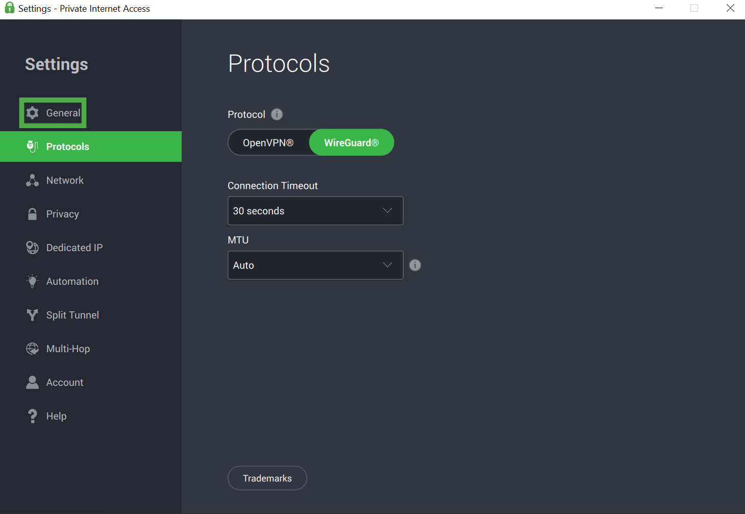 Private Internet Access Windows app interface, showing the protocols tab. The "General" tab is highlighted.