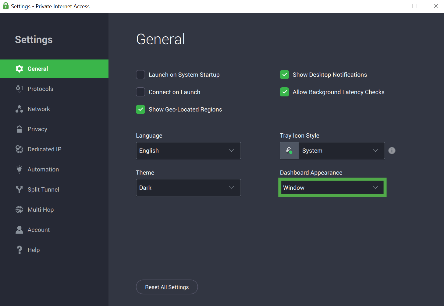 Private Internet Access Windows app interface, showing the general settings tab. The "Dashboard Appearance" dropdown menu is highlighted.