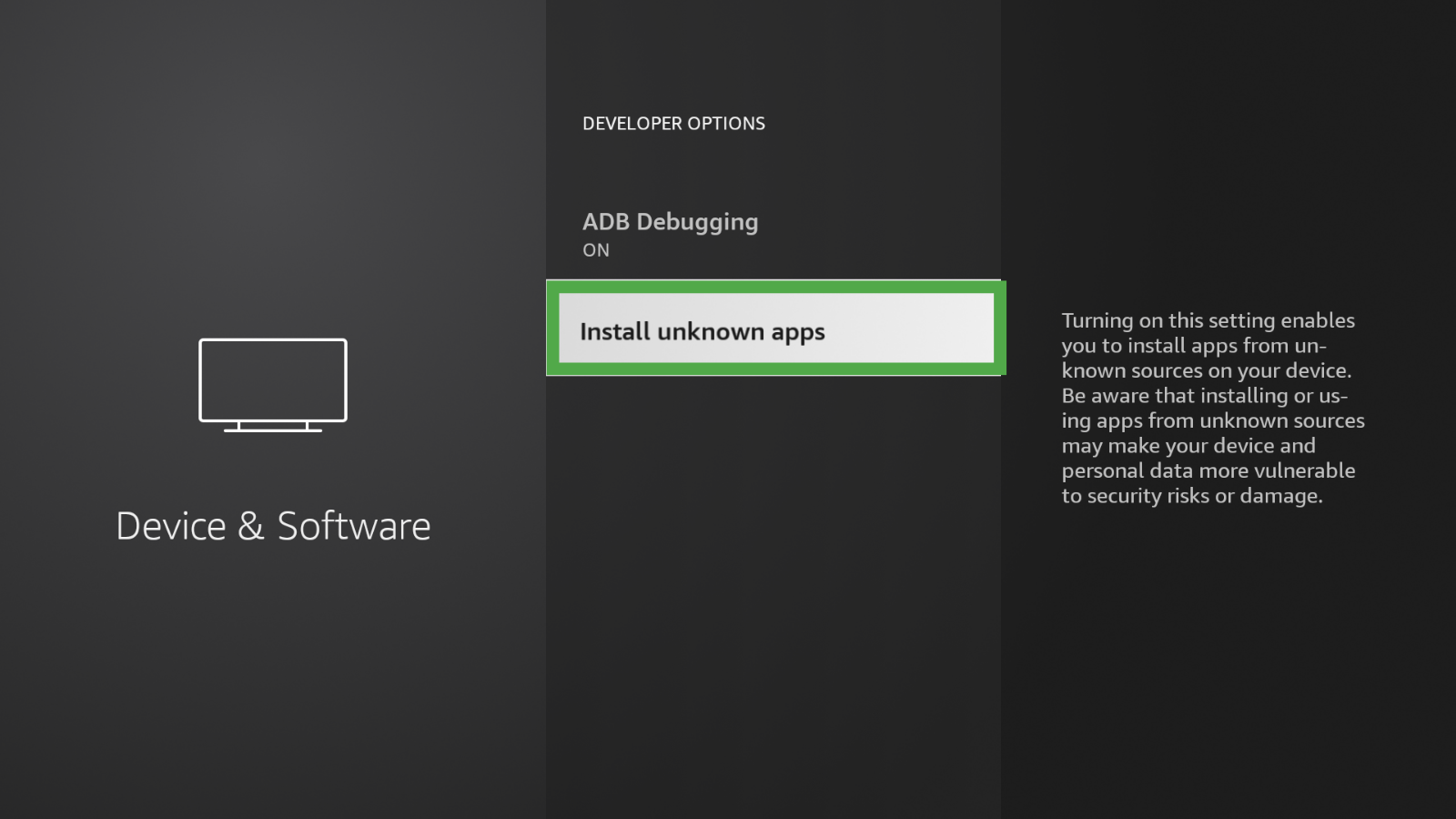 Fire TV developer options, showing the button to install unknown apps from different sources