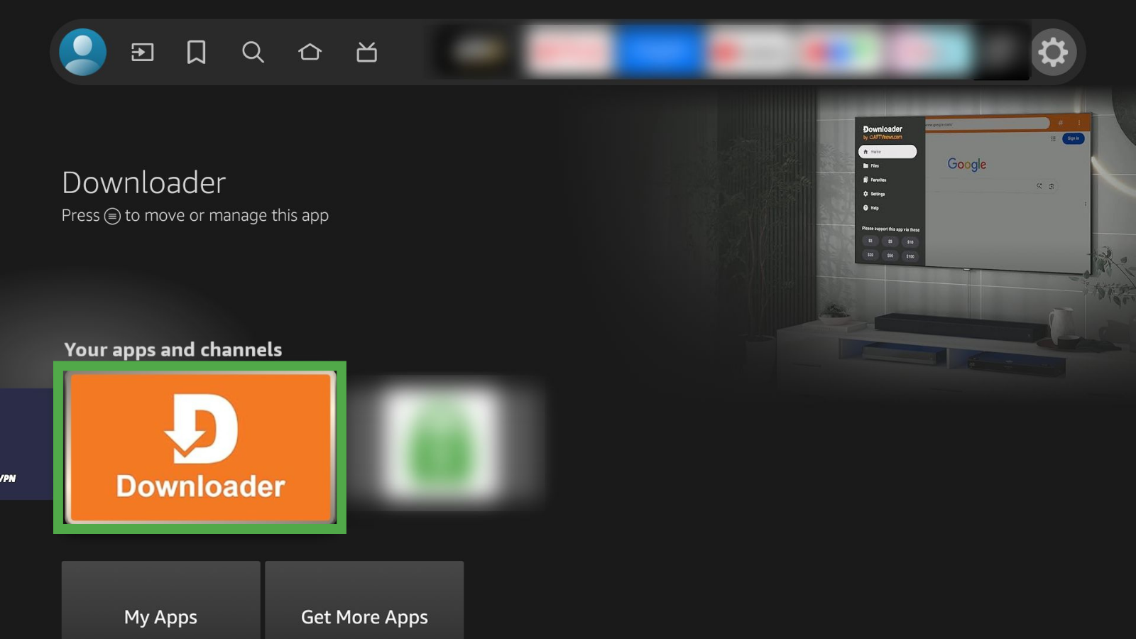 Downloader selected on the Amazon Fire TV app list