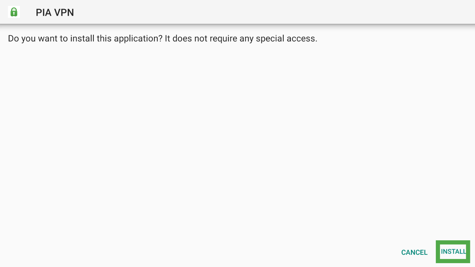 PIA installation permission screen inside the Fire TV Downloader App