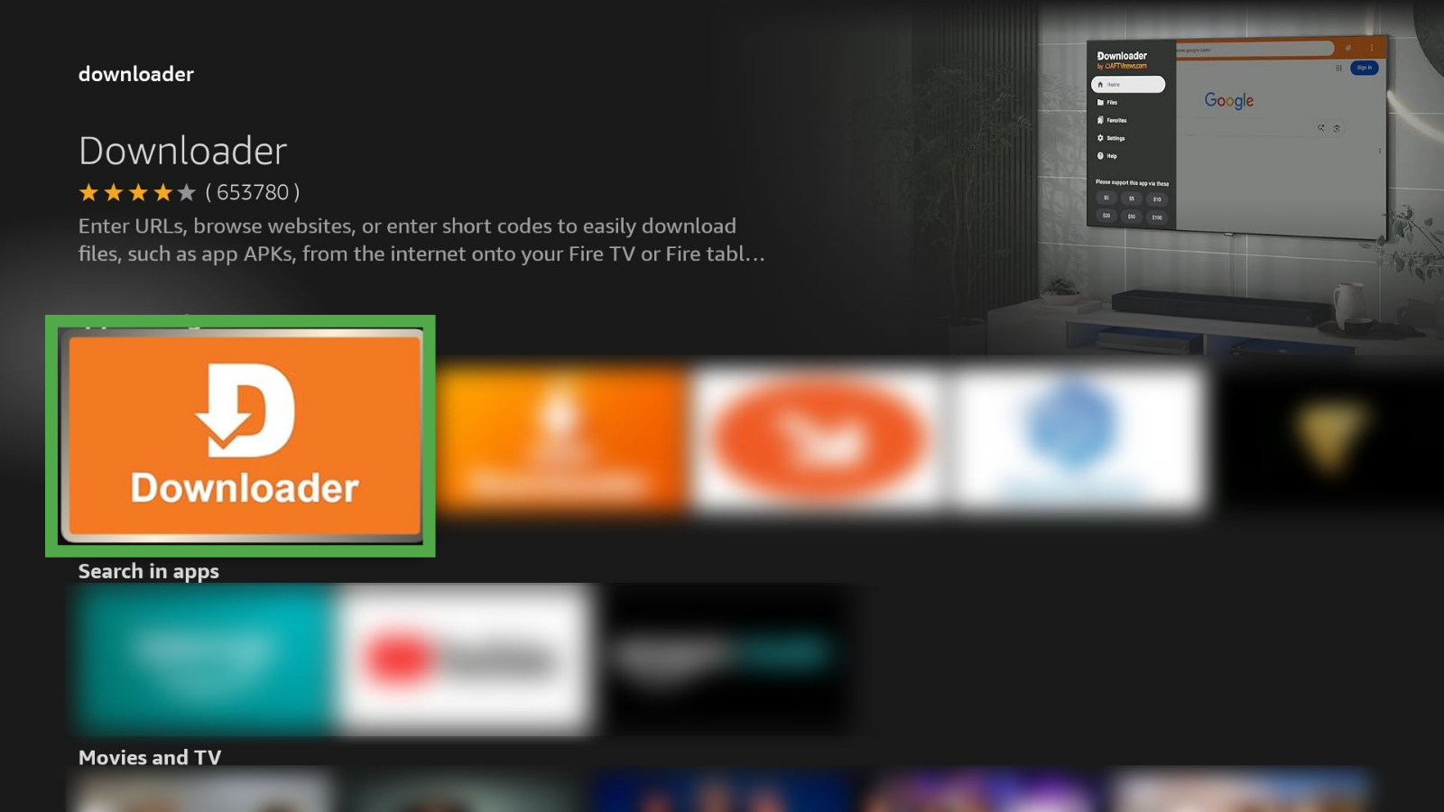 Downloader app icon selected on Fire TV app store