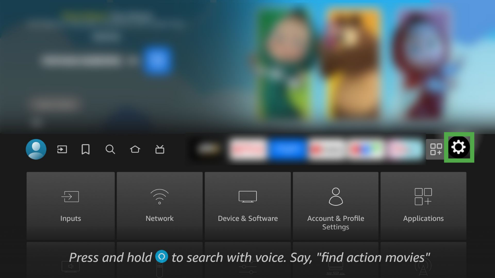 Fire TV settings menu, with the button to access the settings selected