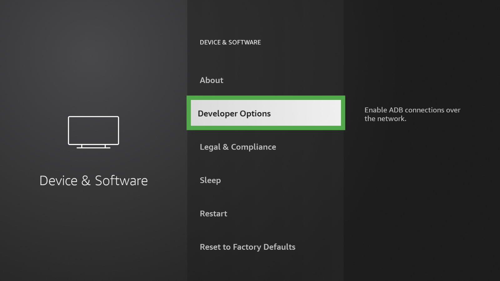 Device & software options screen, showing the Developer Options where ADB connections are enabled on Fire TV