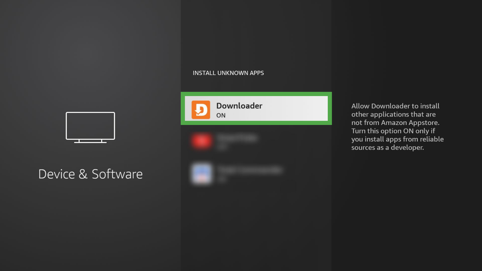 Downloader app in the Fire TV install unknown apps menu, with permissions to download and install apps enabled