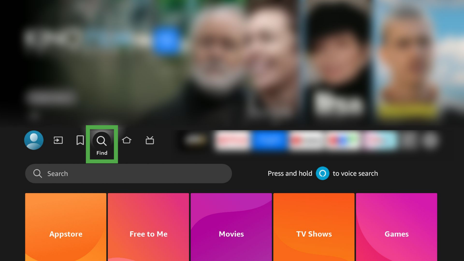 Amazon Fire TV home screen, showing the Find function that allows you to search for specific apps