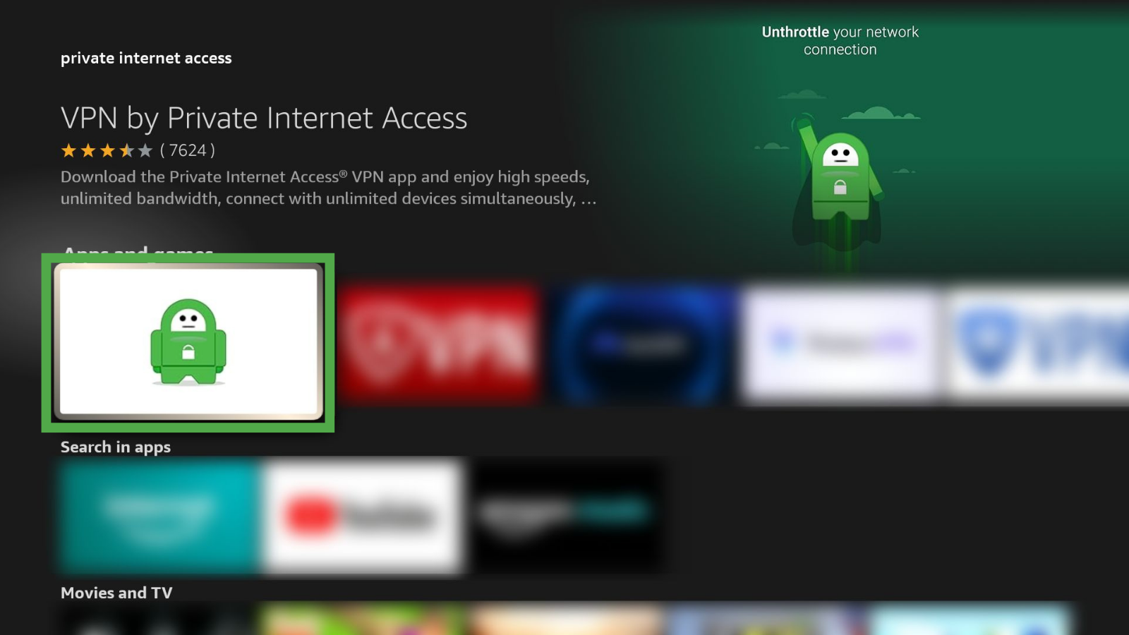 VPN by Private Internet Access listed on the Fire TV app store