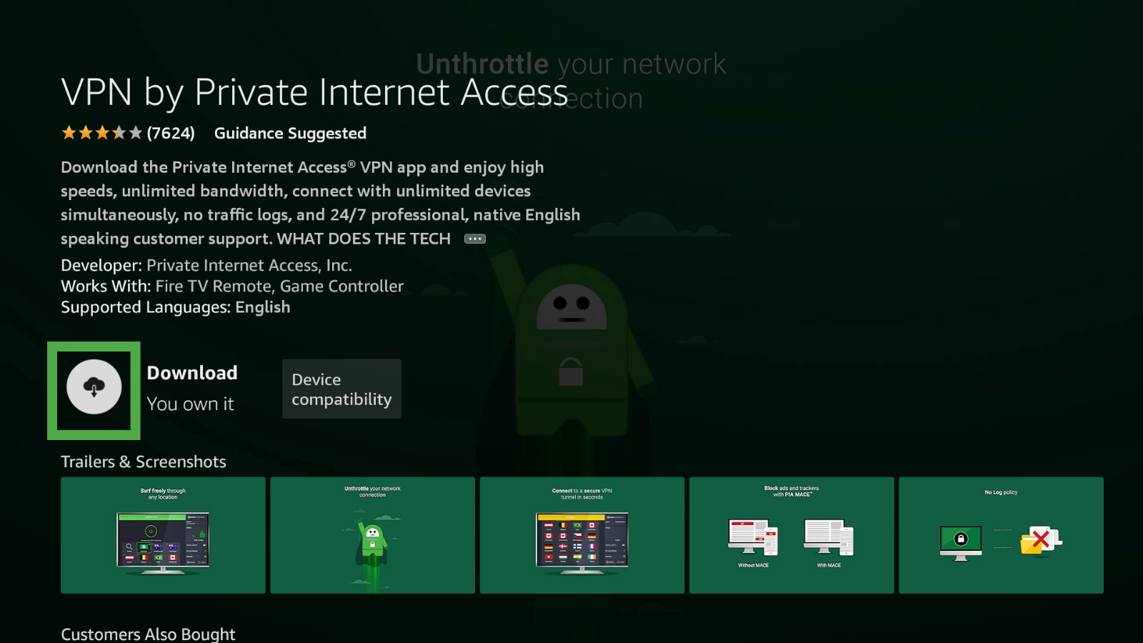 Save icon on Private Internet Access's download page, letting you download it to Fire TV