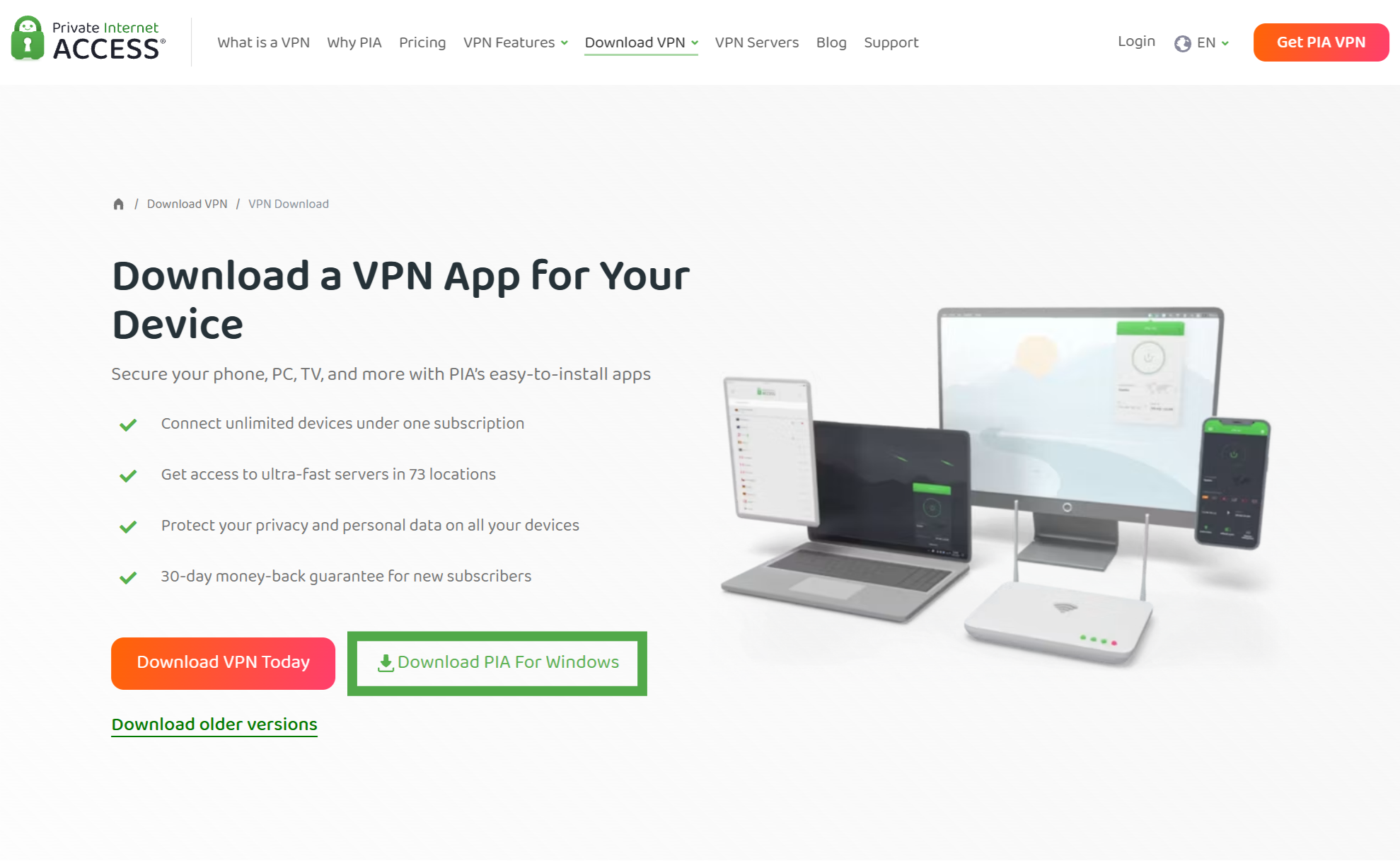 Private Internet Access Windows app landing page, showing a highlighted "Download PIA for Windows" button.