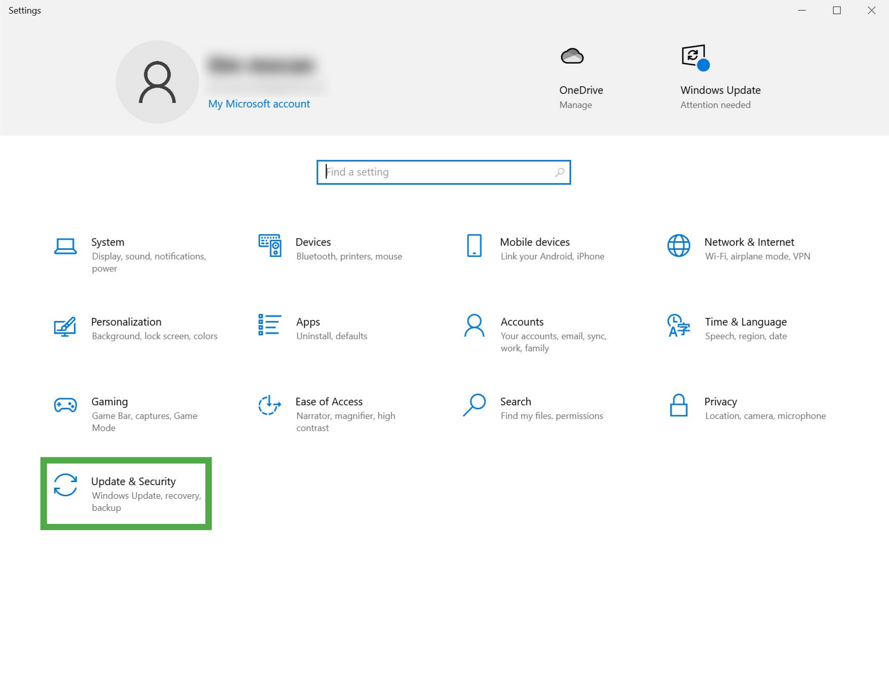 Windows 10 Settings window, showing a highlighted "Update & Security" tab.