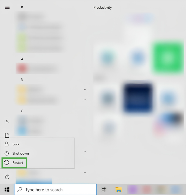 Windows 10 interface, showing the Start menu, the Power settings, and a highlighted "Restart" option.