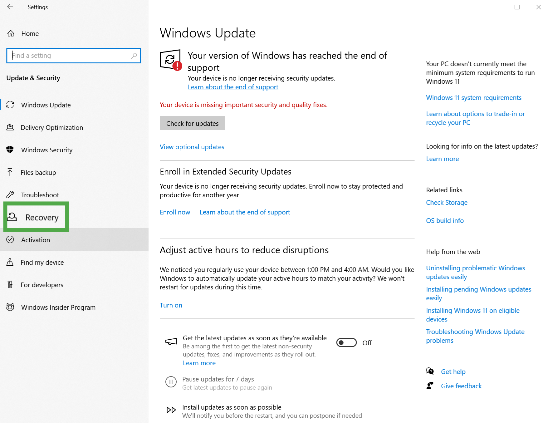 Windows 10 Update & Security page, showing a highlighted Recovery tab.