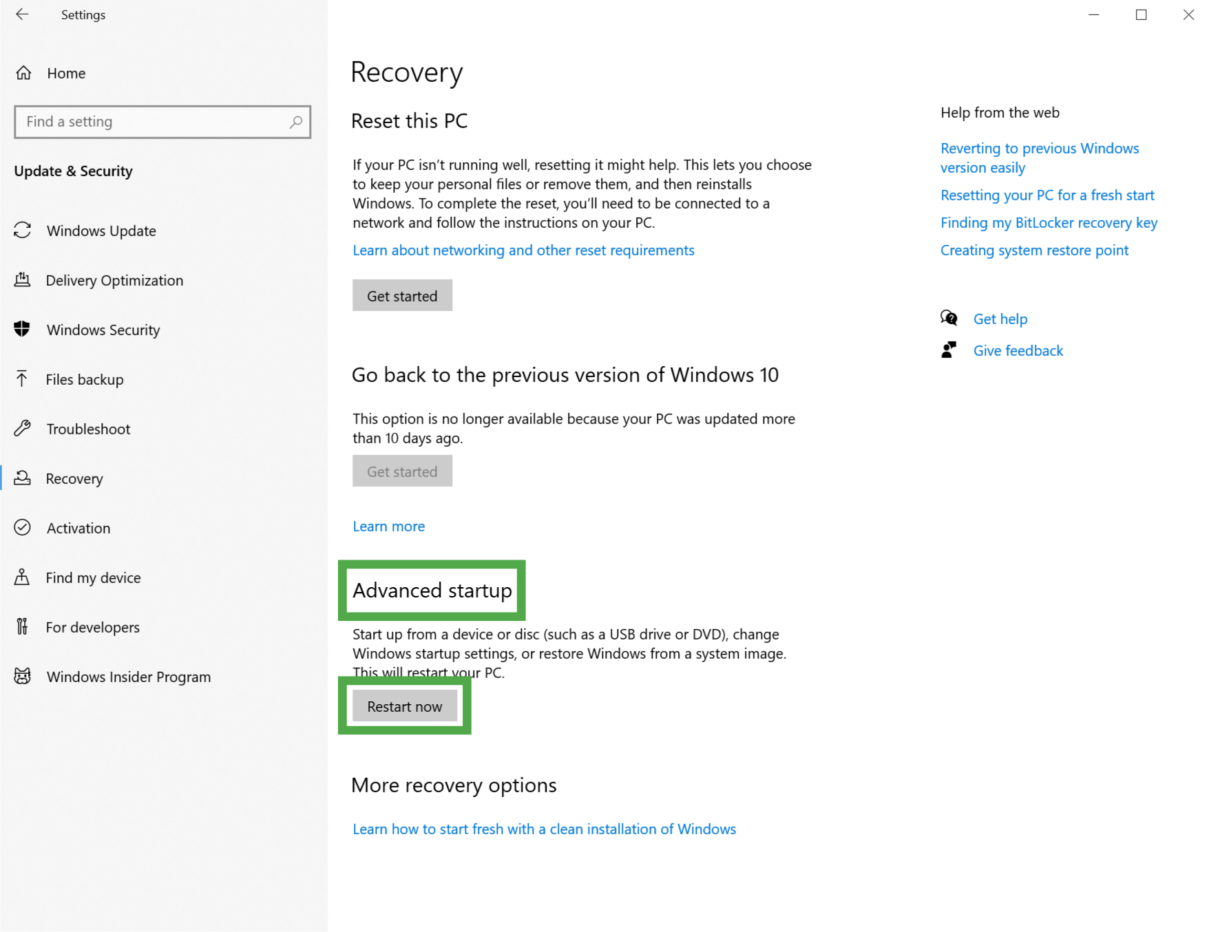 Windows 10 Update & Security page, showing the Recovery tab. The "Advanced startup" section title and "Restart now" button are highlighted.