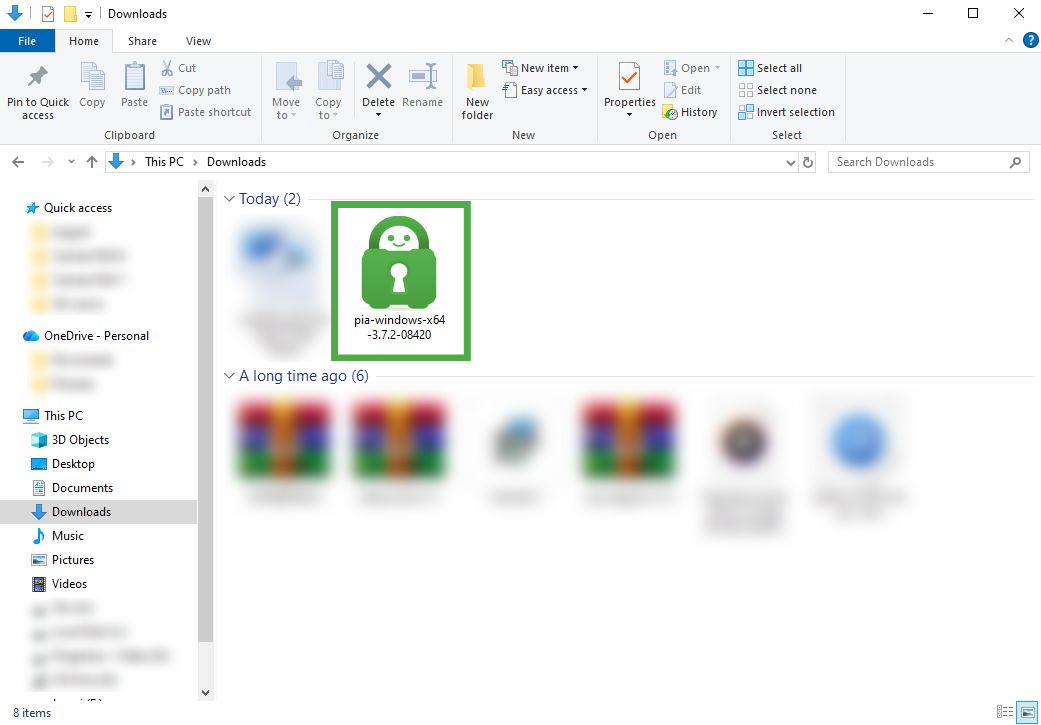 Windows 10 Downloads folder, showing a highlighted Private Internet Access installer.