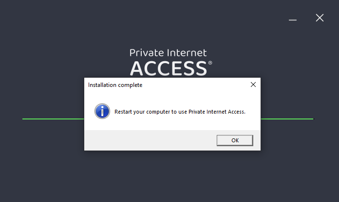 Private Internet Access installer on Windows 10, showing an "Installation complete" popup message.