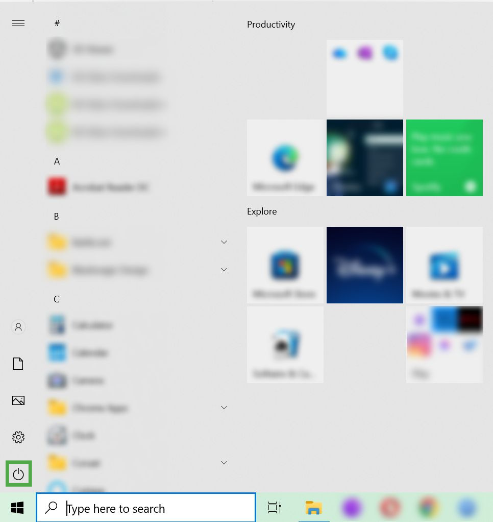 Windows 10 interface, showing the Start menu and a highlighted Power icon.