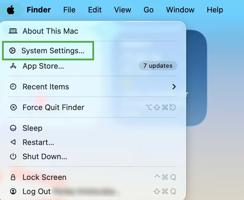 macOS Apple menu dropdown, with the "System Settings..." option highlighted in a green box.