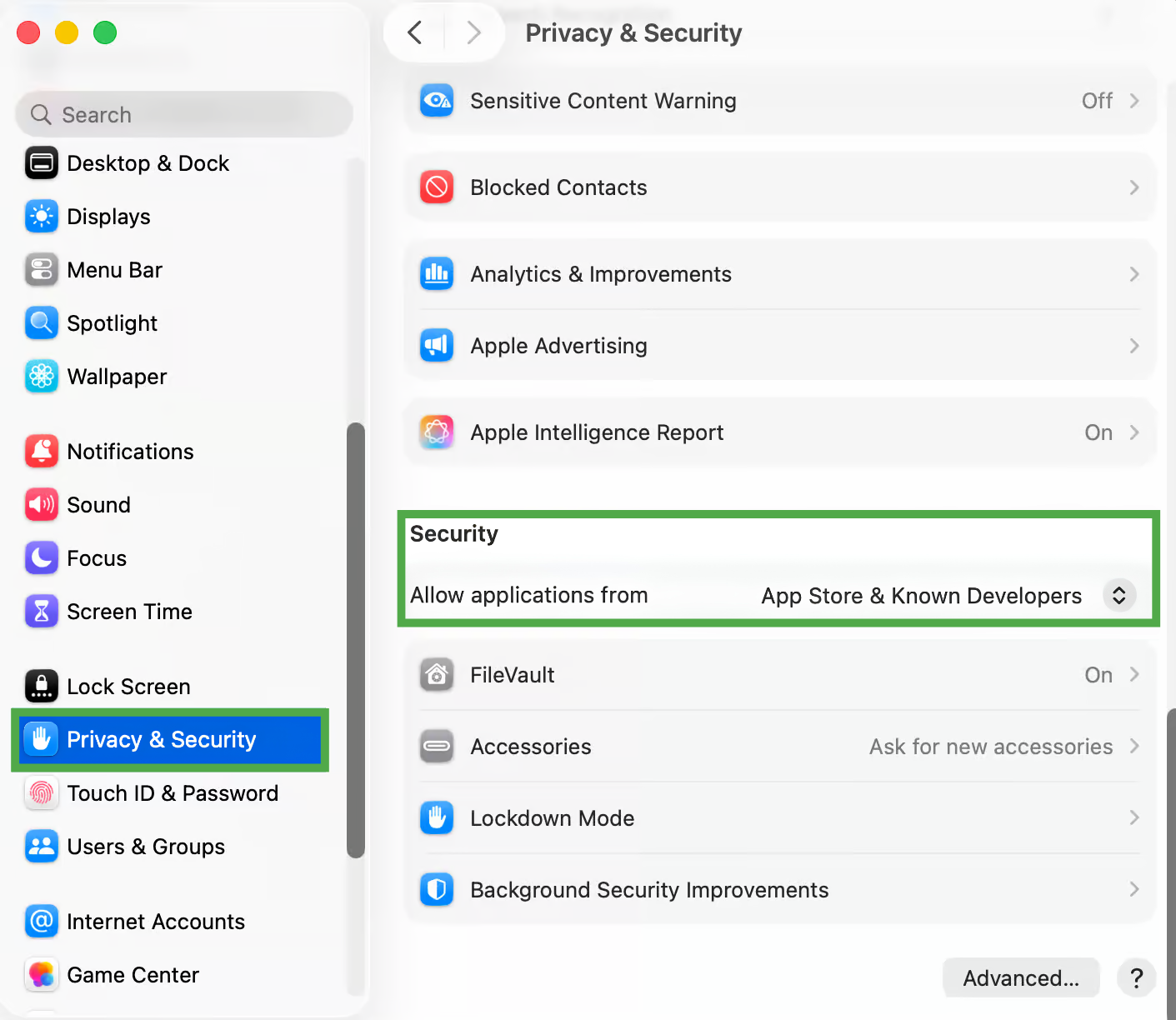 macOS System Settings window under Privacy & Security, with the security application download permissions section highlighted in a green box.