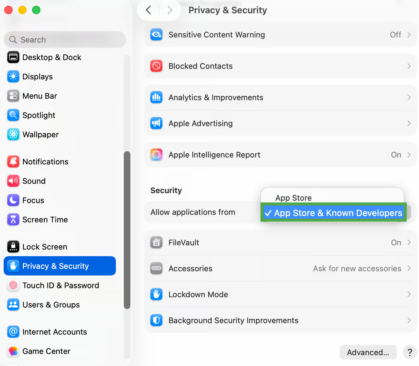 macOS System Settings window under Privacy & Security highlighting the "App Store & Known Developers" option in a green box.